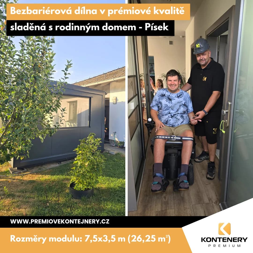 Bezbariérová dílna Písek (7,5 × 3,5 m) — Modul navržený pro vozíčkáře — vjezd rovnou z domu, vlastní prostor pro práci na 3D tiskárně
