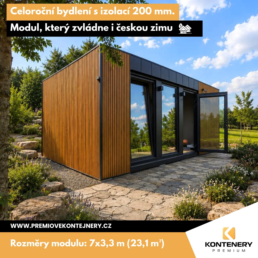 Celoroční bydlení na míru (7 × 3,3 m) — Modul v industriálním designu s koupelnou ROCKO Copper Lamiera, usazený ve svahu