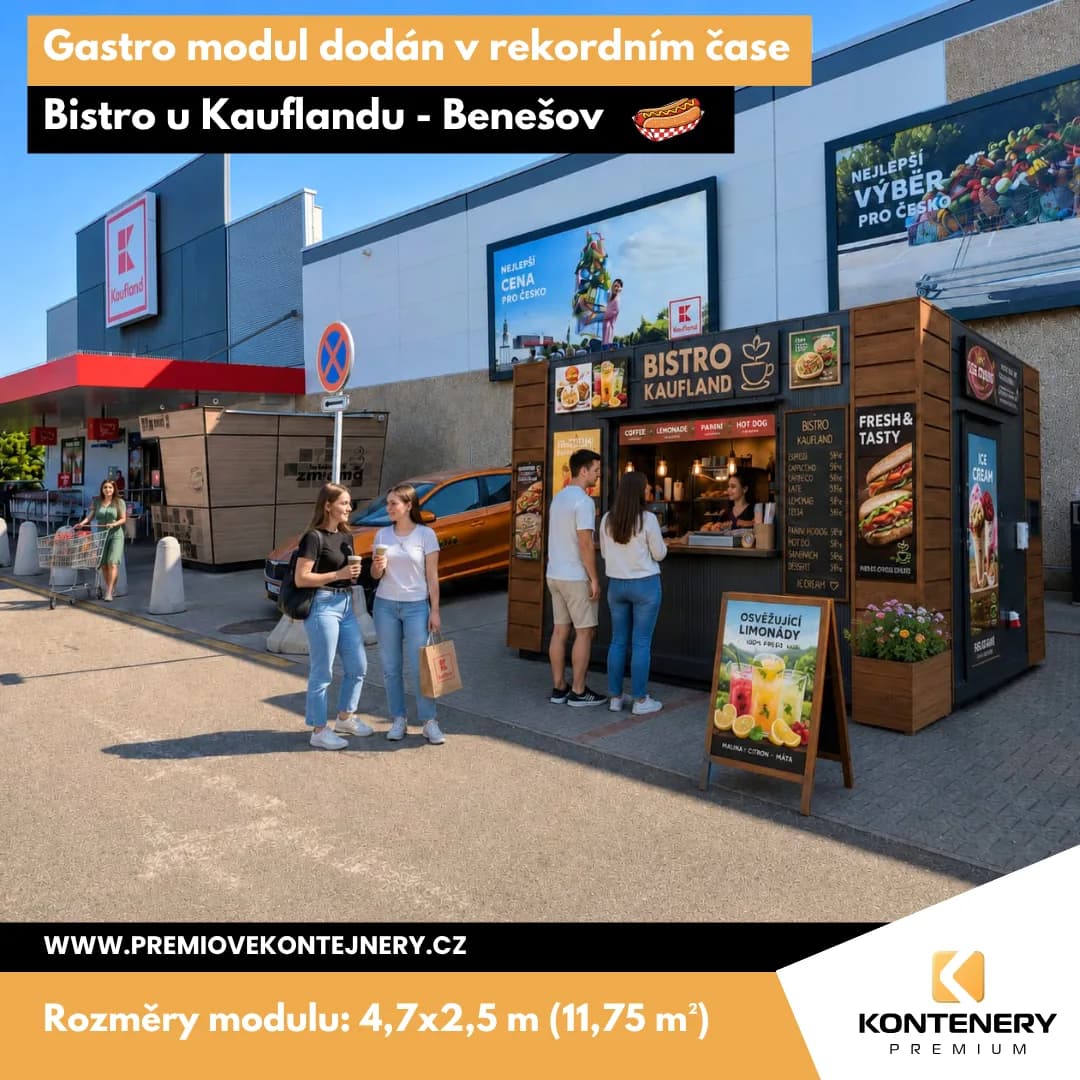 Stánek s občerstvením Benešov (4,7 × 2,5 m) — Od objednávky k hotové provozovně za 4 týdny — a s předstihem oproti termínu