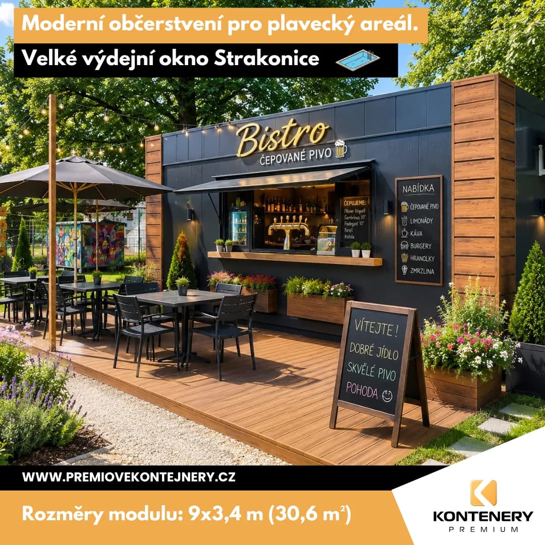 Občerstvení u plaveckého areálu Strakonice (9 × 3,4 m) — Moderní gastro modul v antracitovém provedení s dekorem tmavý ořech