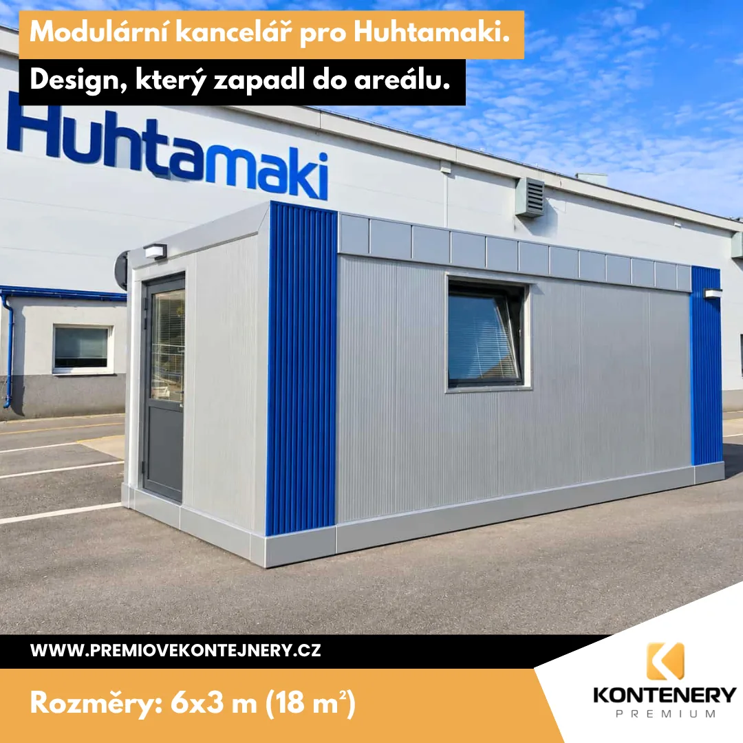 Modulární kancelář Huhtamaki Třebíč (6 × 3 m) — Zákazník nám svěřil i design — kancelář zapadla do firemního areálu a předání nadchlo