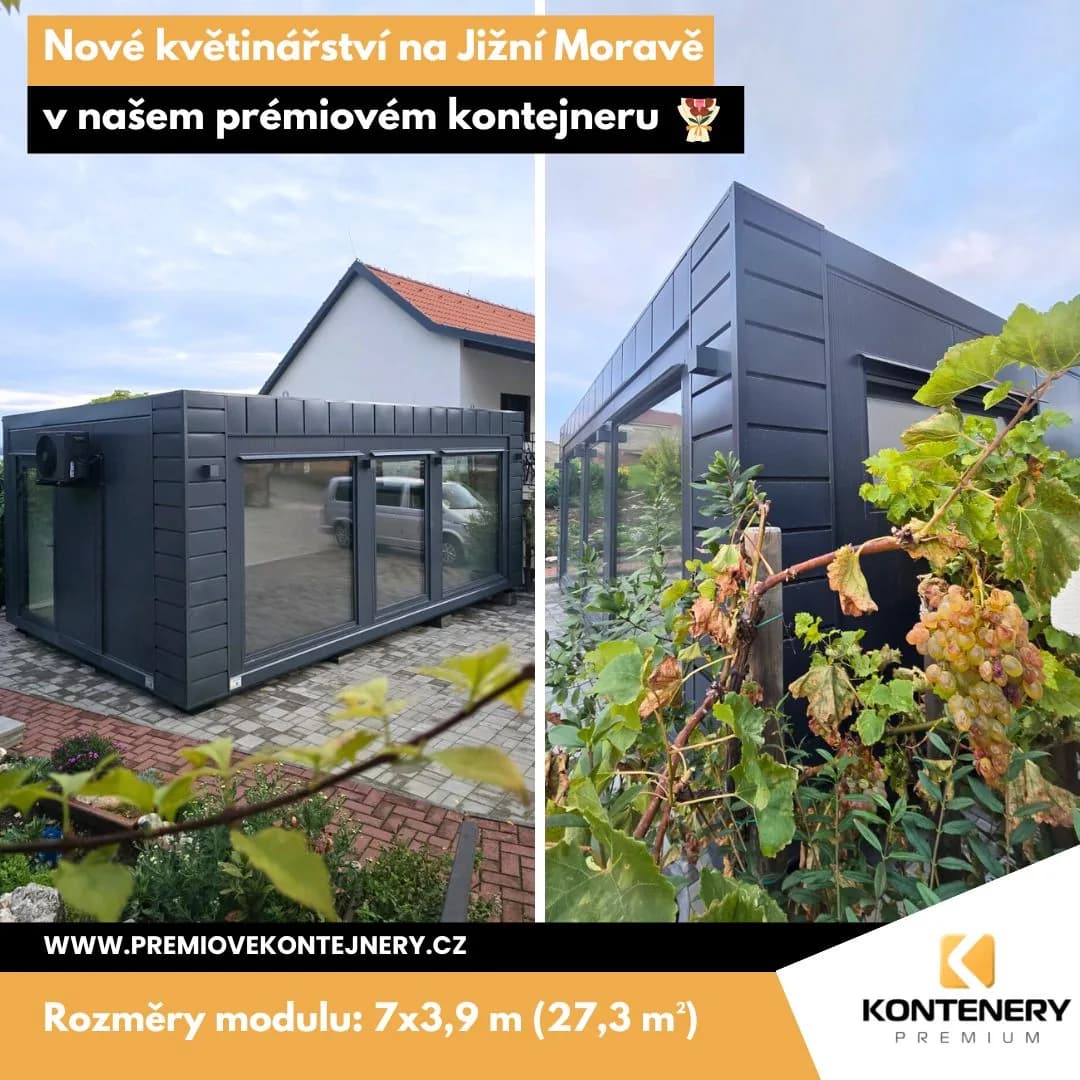 Květinářství snů Jižní Morava (7×3,9 m) — Dílna na řezané a vázané květy — elegantní a sladěná s okolím