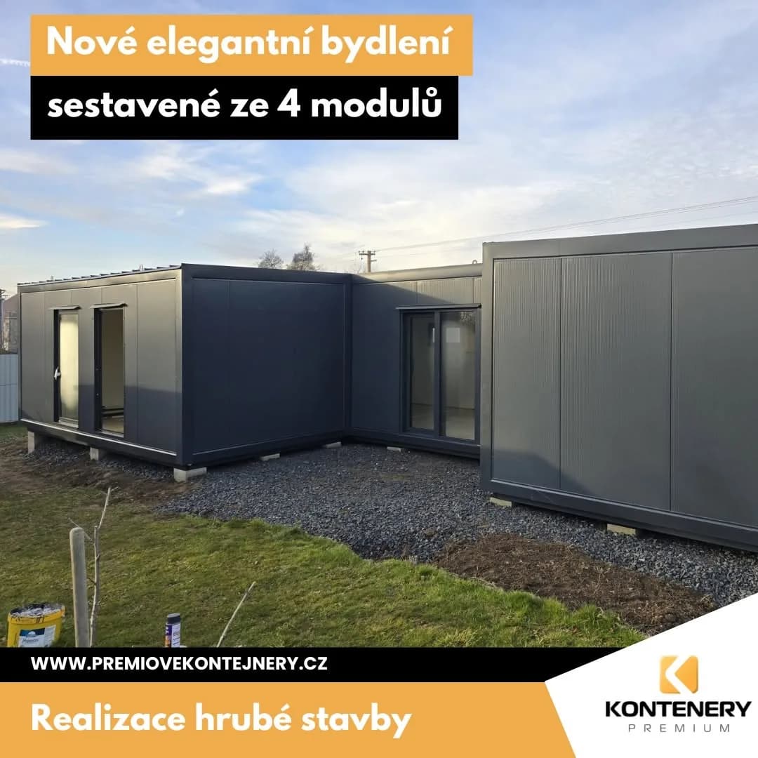 Wohnen aus 4 Modulen Medlovice (82 m²) — Ältere Realisierung von 2024 — eine unkonventionelle Form aus vier Modulen, per Kran in 120 Minuten gesetzt