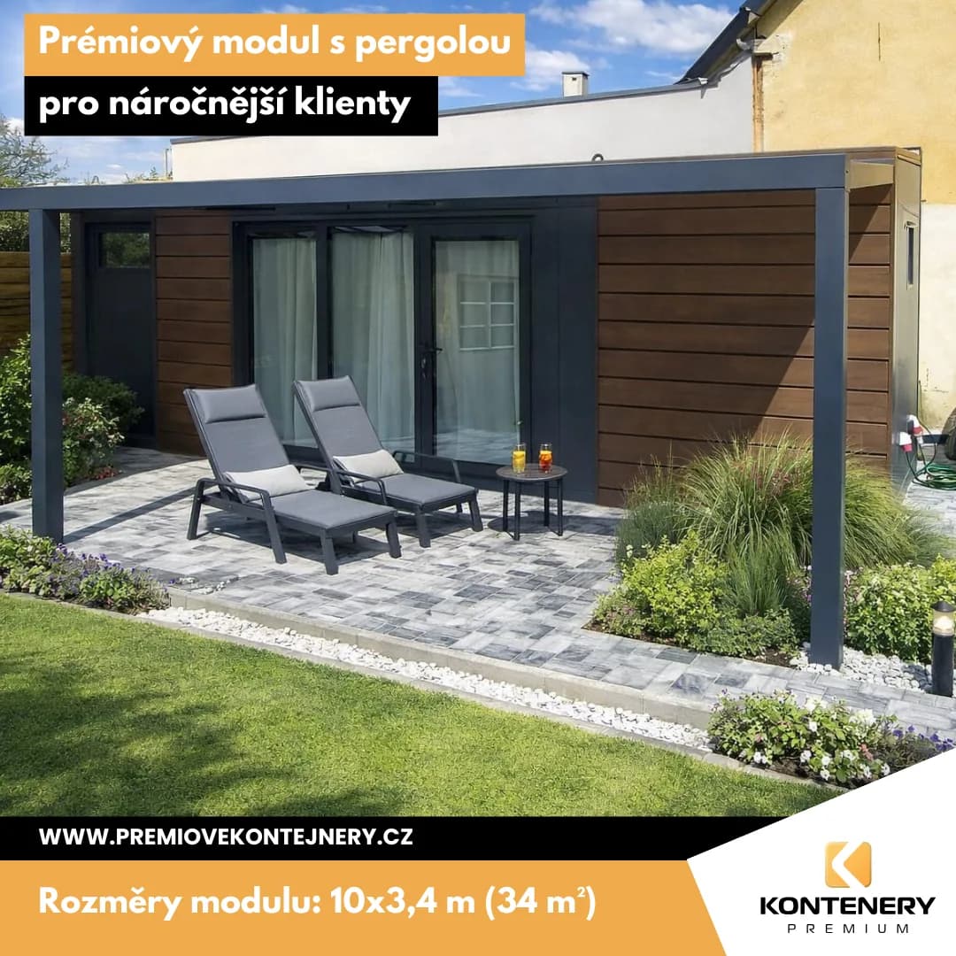 Velkorysý modul s pergolou (10×3,4 m + pergola 10×2 m) — Maximum prostoru i komfortu — plnohodnotné bydlení s desetimetrovou pergolou