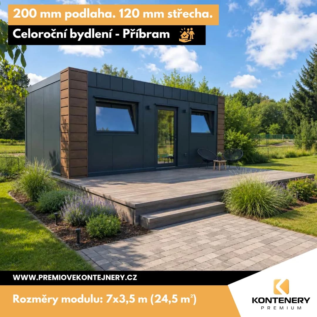 Year-round living Příbram (7 × 3.5 m) — Above-standard insulation — 120 mm in the roof, 200 mm in the floor, 100 mm in the walls