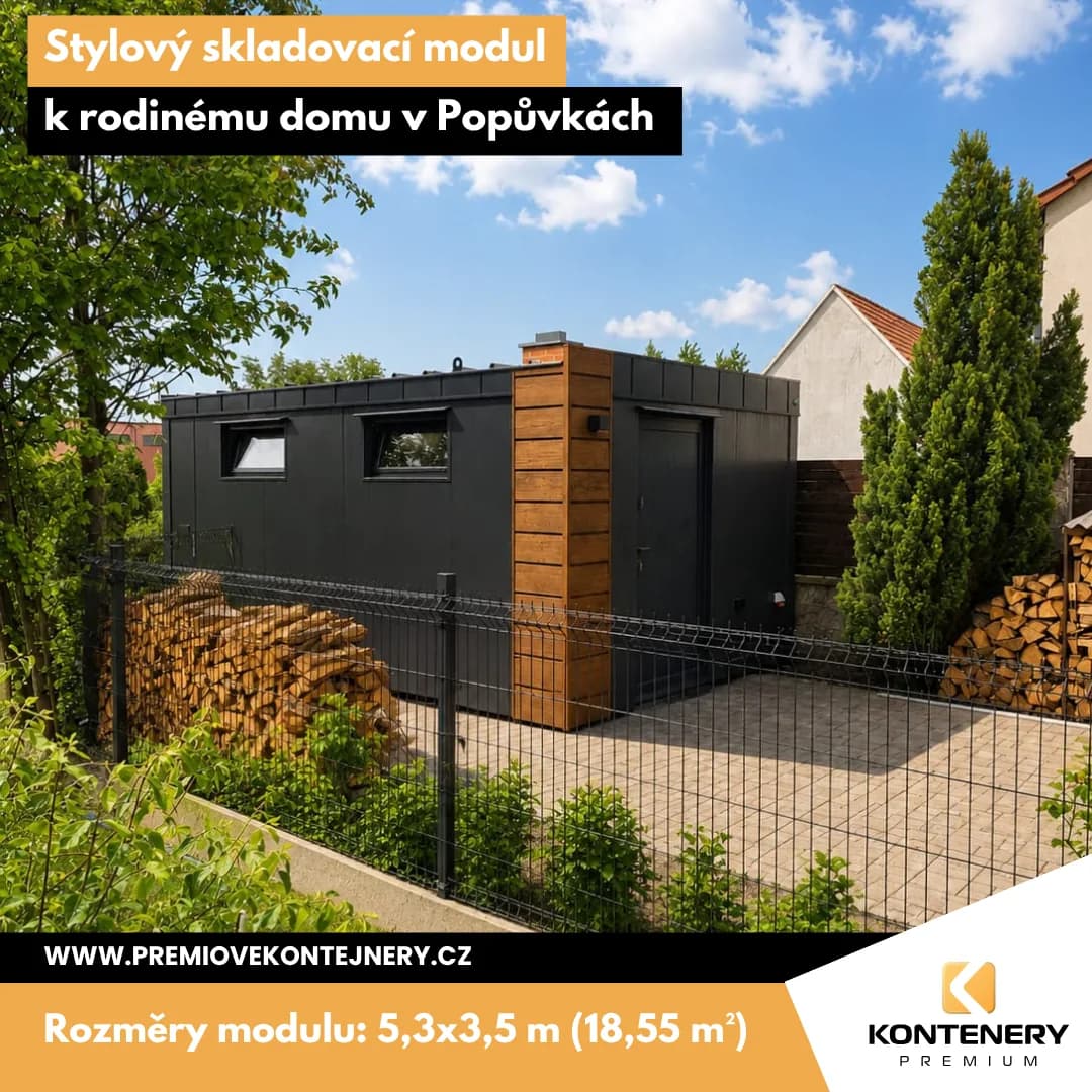 Stylový sklad Popůvky (5,3×3,5 m) — Praktický skladovací modul, který zapadl k modernímu rodinnému domu