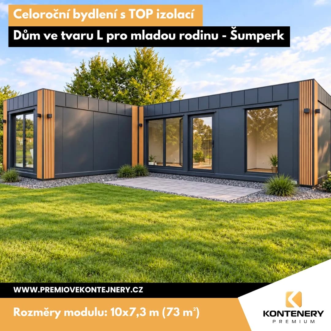 Dům ve tvaru L Šumperk (až 10 × 7,3 m) — Realizace, kde rozhodovalo počasí — pro mladou rodinu na zahradě rodičů
