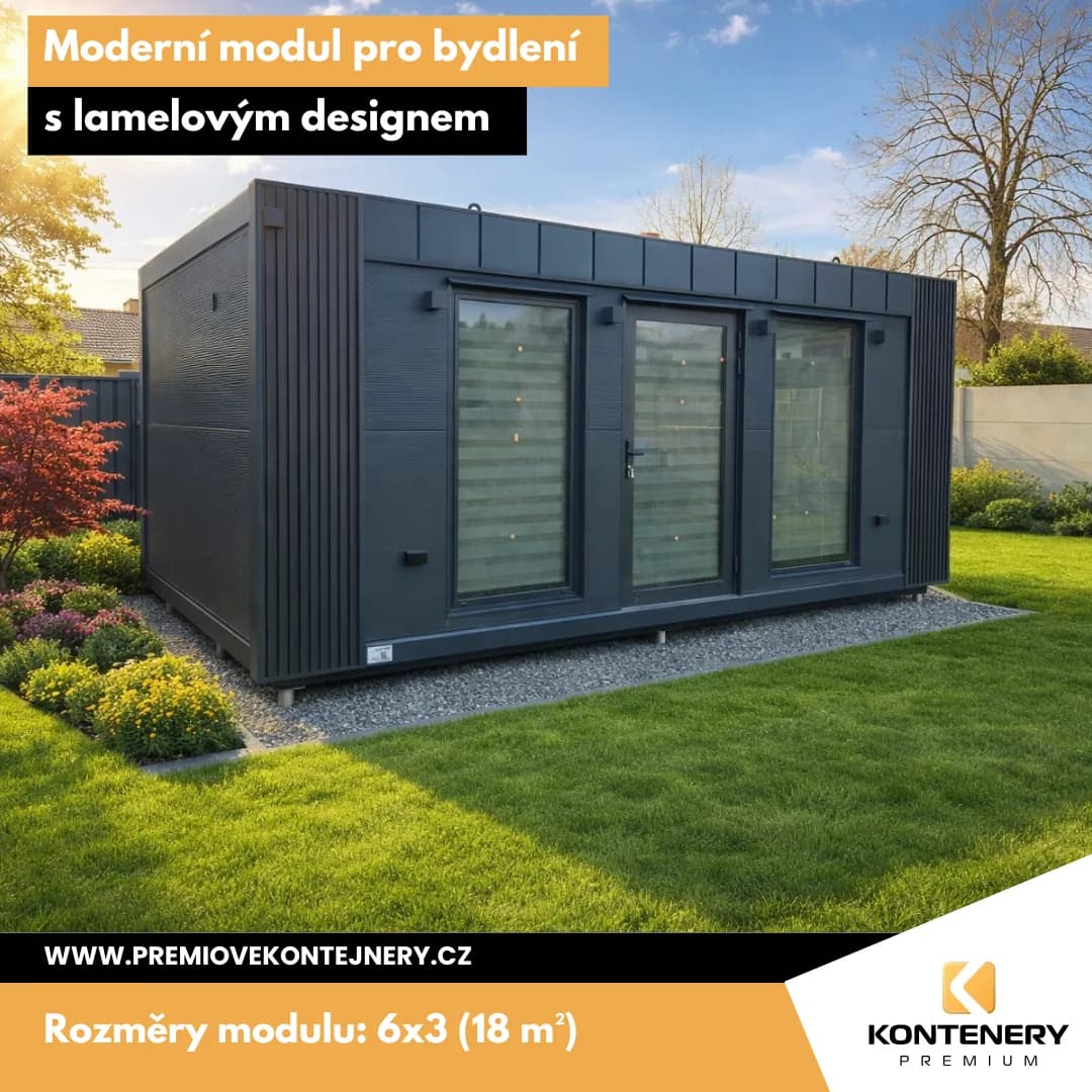 Moderní modul s WPC lamelami (6×3 m) — Vzhled dřeva bez údržby — pro rekreaci, bydlení i investiční pronájem