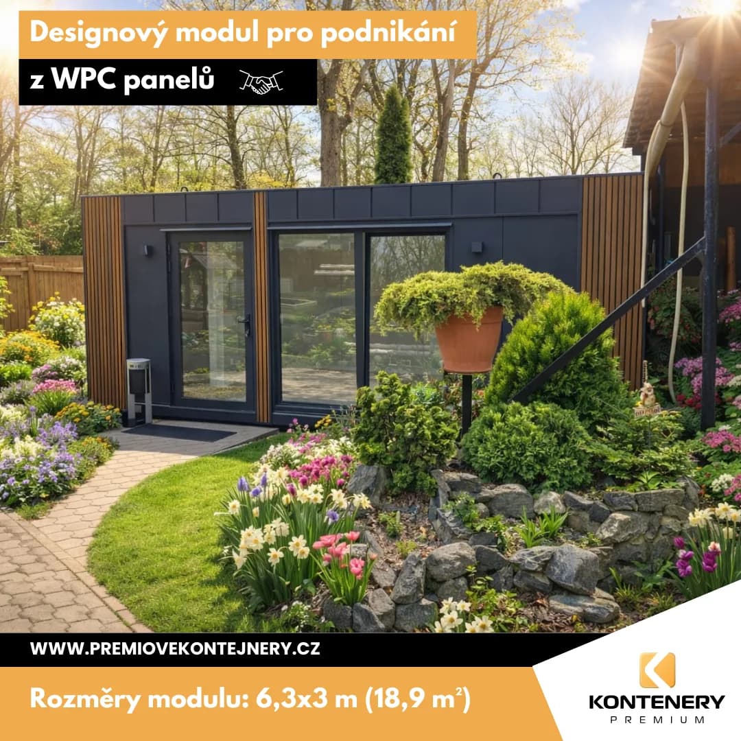 Moderní modul s WPC panely (6,3×3 m) — Multifunkční řešení pro kancelář, gastro provoz nebo zázemí