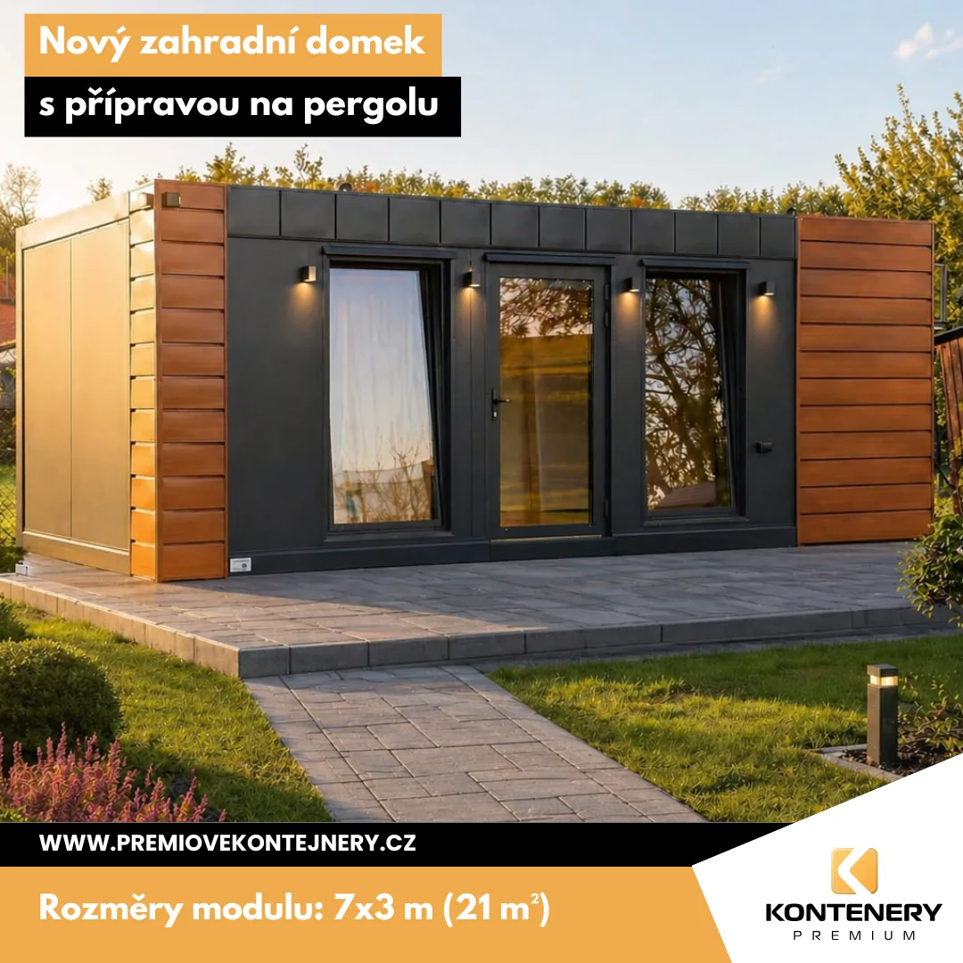 Zahradní domek v dekoru zlatý dub (7×3 m) — Netradiční oplechování sladěné s garáží a pergolou na pozemku