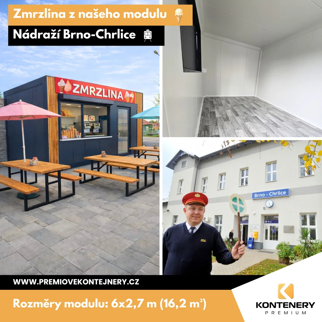 Zmrzlinový stánek Brno-Chrlice (6×2,7 m) — Modul s WPC obkladem na nádraží — dodáno dřív, než bylo ve smlouvě